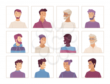 Vector men portraits set. Flat face icons of various nationalities. European, African American, Asian, Latin American. Blonde, brunette, gray hair, young, aged. Avatars for account, game, or forum.