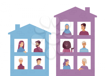 Multicultural happy people look out of house windows. Smiling adult men and women live together in the same house. International community concept with diverse neighbors vector illustration.