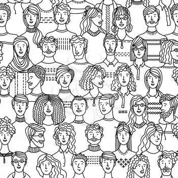 Diverse group of men and women standing together. Social community. Diverse people group. Textile, fabric, wrapping paper, wallpaper mono color vector design. Black and white
