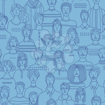 Diverse people group. Linear crowd textile, fabric, wrapping paper, wallpaper duotone vector design. Duotone illustration of various men and women
