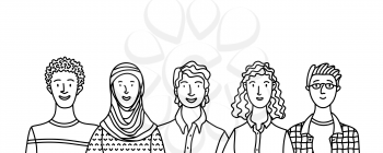 Multicultural adult men and women standing together. International community concept with diverse people outline vector illustration. Multiethnic group of people. Cultural and religion equality