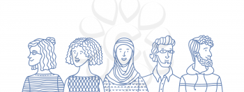 Group portrait of diverse people. Smiling men and women standing together. Web banner with happy students or work team. Outline cartoon vector multi-ethnic poster. Caucasian, African, Muslim