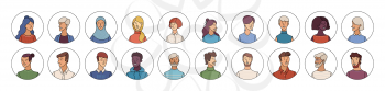 People icons set. Flat vector faces of diverse nationalities in circles. Blonde, brunette, red, and grey hair. Young, adult, and aged men and women. Vector cartoon avatars for account, game, or forum