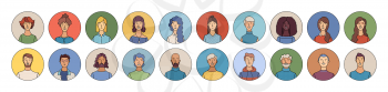 Happy multinational people avatars set. Smiling adult men and women profile pictures. Diverse human face icons for representing person vector illustration. User pic for web forum or account in circles