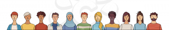 Multicultural happy adult men and women standing together. International community concept with diverse people. Vector cartoon illustration. Web banner with happy students or work team. Cultural and religion equality.