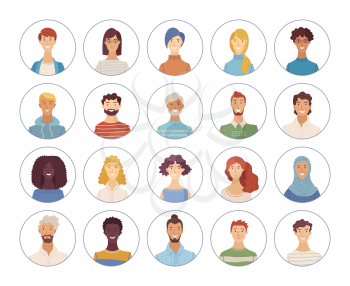 Flat women and men portraits set. Vector face icons. Hand-drawn various nationalities. Caucasian, Afro-American, Muslim. Blonde, brunette, and grey hair. Cartoon avatars for account, game, or forum.