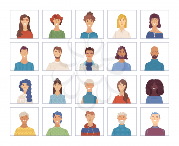 Vector men and woman portraits set. Flat face icons of various nationalities. European and Afro-American. Blonde, brunette, grey hair, young, aged. Avatars for account, game, or forum