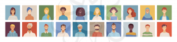 Flat people avatars set. Happy multicultural young, adult, and senior men and women profile pictures. Diverse human face icons for representing a person. Vector user pic for web forum or account