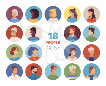Women and men icons set. Flat vector faces of diverse nationalities. Blonde, brunette, red, and grey hair. Young, adult, and aged. Vector cartoon avatars for account, game, or forum.