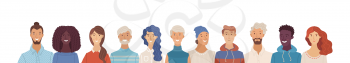 Multicultural happy adult men and women standing together. International community concept with diverse people. Vector flat illustration. Web banner with happy students or work team. Cultural and religion equality.