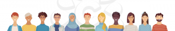 Group portrait of diverse people. Smiling men and women standing together. Web banner with happy students or work team. Flat cartoon vector multi-ethnic poster. Caucasian, African, Asian, Muslim