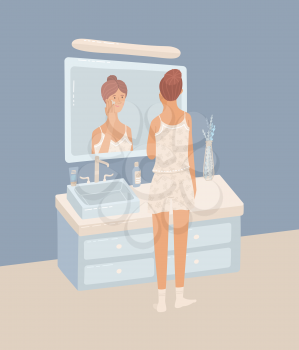 Young woman wearing pajama putting night cream on her skin. Cartoon girl looking at her reflection in mirror in bathroom. Everyday evening routine. Skincare and beauty. Flat vector illustration