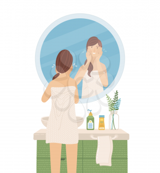 Young woman wearing towel looking at the mirror in bathroom. Girl washing her face and cleansing skin. Daily skincare routine. Start and end of day. Cartoon vector mirrored happy girl. Flat character.
