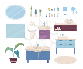 Vector set of cartoon bathroom interior items. Sink, faucet, mirror, closet, home decoration, flower, towel, cream, lotion, serum, shampoo, toothbrush, toothpaste, and hygiene items. Flat vector icons