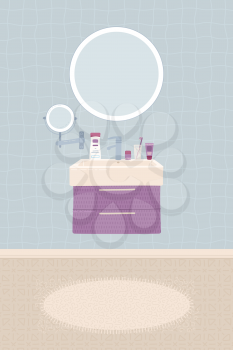 Cartoon bathroom interior background. Sink, faucet, mirror, closet, home decorations, carpet, toothbrush, and hygiene items. Flat colorful vector illustration.
