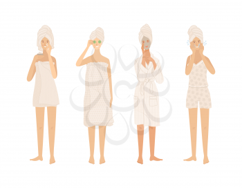 Beautiful young women standing in towels and bathrobe take care of their skin. Cleaning skin, moisturizing, applying beauty mask. Flat cartoon vector illustration on white background.