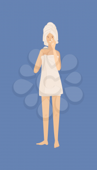 Young woman standing and holding cream in her hand and moisturizing her skin. Cute girl wearing towel. Everyday skincare routine. Flat vector female character.  Isolated on blue background.