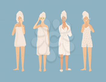 Young women wearing towel, pajama, and bathrobe take care of their skin. Girls cleaning skin, washing, moisturizing, applying serum and beauty mask. Flat cartoon vector characters. Everyday routine