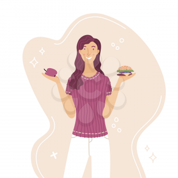 Young woman choosing between apple and burger vector cartoon vector illustration. Fresh fruit vs fast food. Smiling girl comparing diet and healthy eating or junk fast food flat concept. 