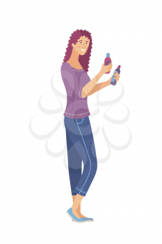 Young woman choosing shampoo flat illustration. Cute woman holding cosmetics in both hands. Happy lady holding eco-friendly beauty products. Cartoon vector design