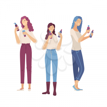 Three female characters comparing skincare beauty products. Cute women choosing eco-friendly cosmetics, moisturizing cream, facial care, shampoo for hair. Vector flat cartoon isolated clipart. 
