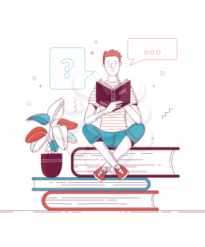 Young man reading while sitting on stack of big books. Happy guy relaxing with book cartoon vector illustration. Students study in library, literary club or book festival concept.