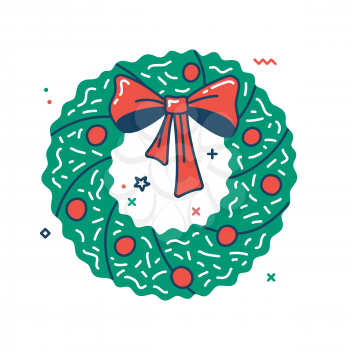 Christmas wreath color flat icon. Thin line pictogram. Isolated vector illustration with contour. Editable stroke. Pixel perfect