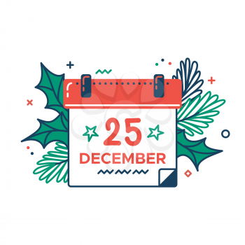 Calendar color flat icon. 25 december. Christmas eve. Thin line and fill pictogram. Isolated vector illustration with contour. Editable stroke. Pixel perfect