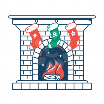 Fireplace with Santa socks color flat icon. Cozy Christmas. Thin line and fill pictogram. Isolated vector illustration with contour. Editable stroke. Pixel perfect