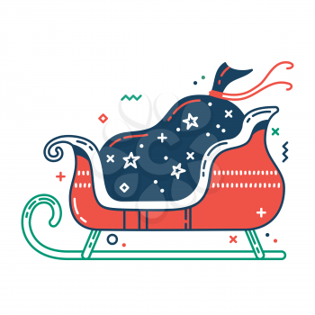 Santa sleigh with gift sack color flat icon. Thin line and fill pictogram. Isolated vector illustration with contour. Editable stroke. Pixel perfect
