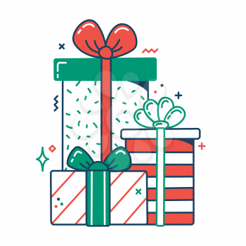 Set of gift boxes color flat icon. Thin line and fill pictogram for Christmas or Birthday. Isolated vector illustration with contour. Editable stroke. Pixel perfect
