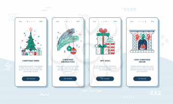 Christmas onboarding app screens with flat icons. New year user interface. UX, UI, GUI screen templates for mobile applications. Color illustration. Christmas tree, decorations, gift ideas, cozy decor