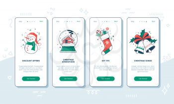 Christmas onboarding screens user interface. Discount offers, Christmas atmosphere, DIY tips, festive songs. Mobile applications vector template. New year illustrations. UI flat design