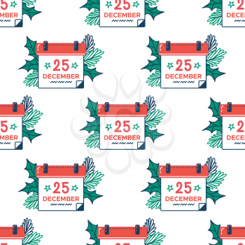 Christmas calendar seamless pattern. December 25. Color vector texture. Festive wrapping paper, wallpaper design