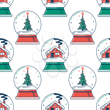 Snow globes with house and Christmas tree flat seamless pattern. Color vector texture. Festive cartoon wallpaper and wrapping paper design