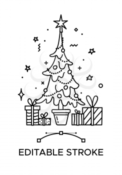 Christmas tree with baubles and gifts linear icon. Thick line pictogram. Isolated outline vector illustration. Duotone contour symbol. Editable stroke. Pixel perfect