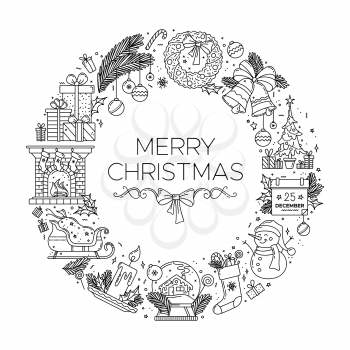 Merry Christmas black linear illustration. Thick line outline symbols arranging in a circle. Vector New year monocolor concept. Contour pictograms. Editable stroke
