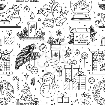 Christmas linear seamless pattern. Monocolor vector texture. Christmas tree and gifts, fireplace with socks,  snowman and wreath, snow globe with house, Santa sleigh. Festive wrapping paper design