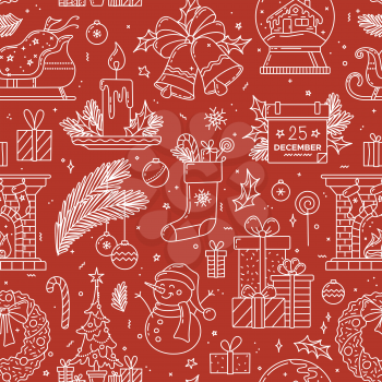 Christmas linear seamless pattern. Red and white vector texture. Christmas tree and gifts, fireplace with socks,  snowman and wreath, snow globe with house, Santa sleigh. Festive wrapping paper design