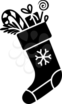 Santa sock with gift and candy cane black glyph icon. Silhouette on white background. Flat pictogram. Vector isolated illustration. Negative space. Duotone solid symbol. Pixel perfect