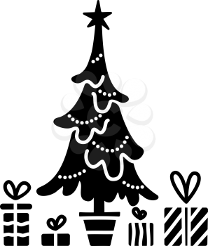 Christmas tree with baubles and gifts black glyph icon. Negative space. Silhouette on white background. Flat pictogram. Vector isolated illustration. Duotone solid symbol. Pixel perfect