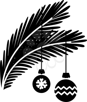 Pine branches with baubles black glyph icon. Silhouette on white background. Flat pictogram. Vector isolated illustration. Duotone solid symbol. Pixel perfect. Negative space