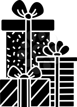 Set of gift boxes black glyph icon. Christmas packages. Silhouette on white background. Negative space. Flat pictogram. Vector isolated illustration. Duotone solid symbol. Pixel perfect