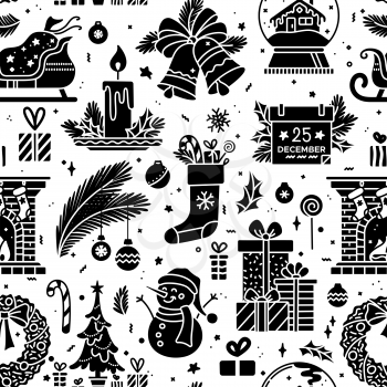 Christmas black silhouettes seamless pattern. Monocolor vector texture. Christmas tree and gifts, fireplace,  snowman and wreath, snow globe with house, Santa sleigh. Festive wrapping paper design