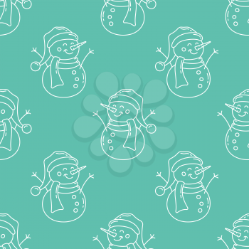 Snowmen linear seamless pattern. Christmas blue vector texture. Winter monocolor outline wrapping paper design