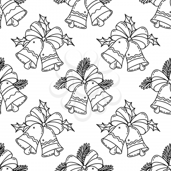 Christmas bells outline seamless pattern. Monocolor black vector texture. Festive linear wrapping paper, wallpaper design