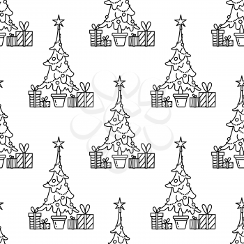 Christmas tree with baubles and gifts linear vector seamless pattern. Christmas monocolor black vector texture. Festive outline wrapping paper design