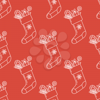 Santa sock with gifts and candy cane linear seamless pattern. Christmas outline vector texture. Festive cartoon red wrapping paper design