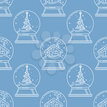Snow globes with house and Christmas tree linear seamless pattern. Blue outline vector texture. Festive chalk cartoon wallpaper and wrapping paper design