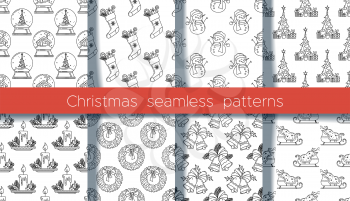 Christmas monocolor outline seamless patterns. Black and white vector texture. Christmas tree and gifts, fireplace with socks,  snowman and wreath, snow globe with house. Linear wrapping paper design